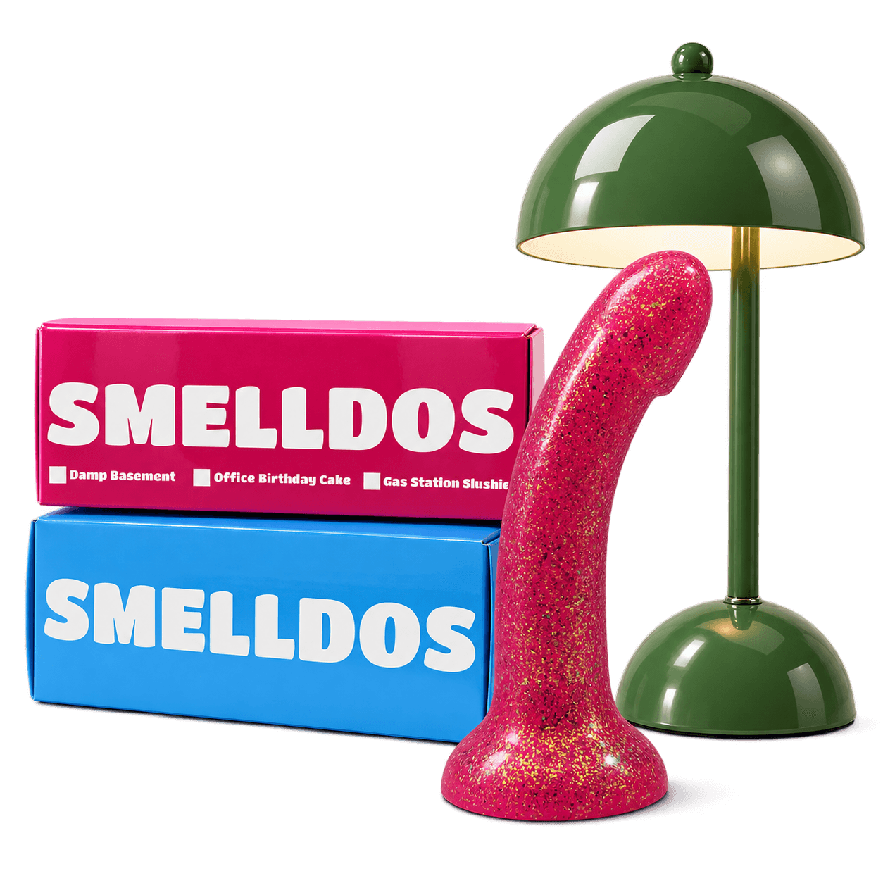 An actual Smelldos product photo, shown next to a lamp for scale